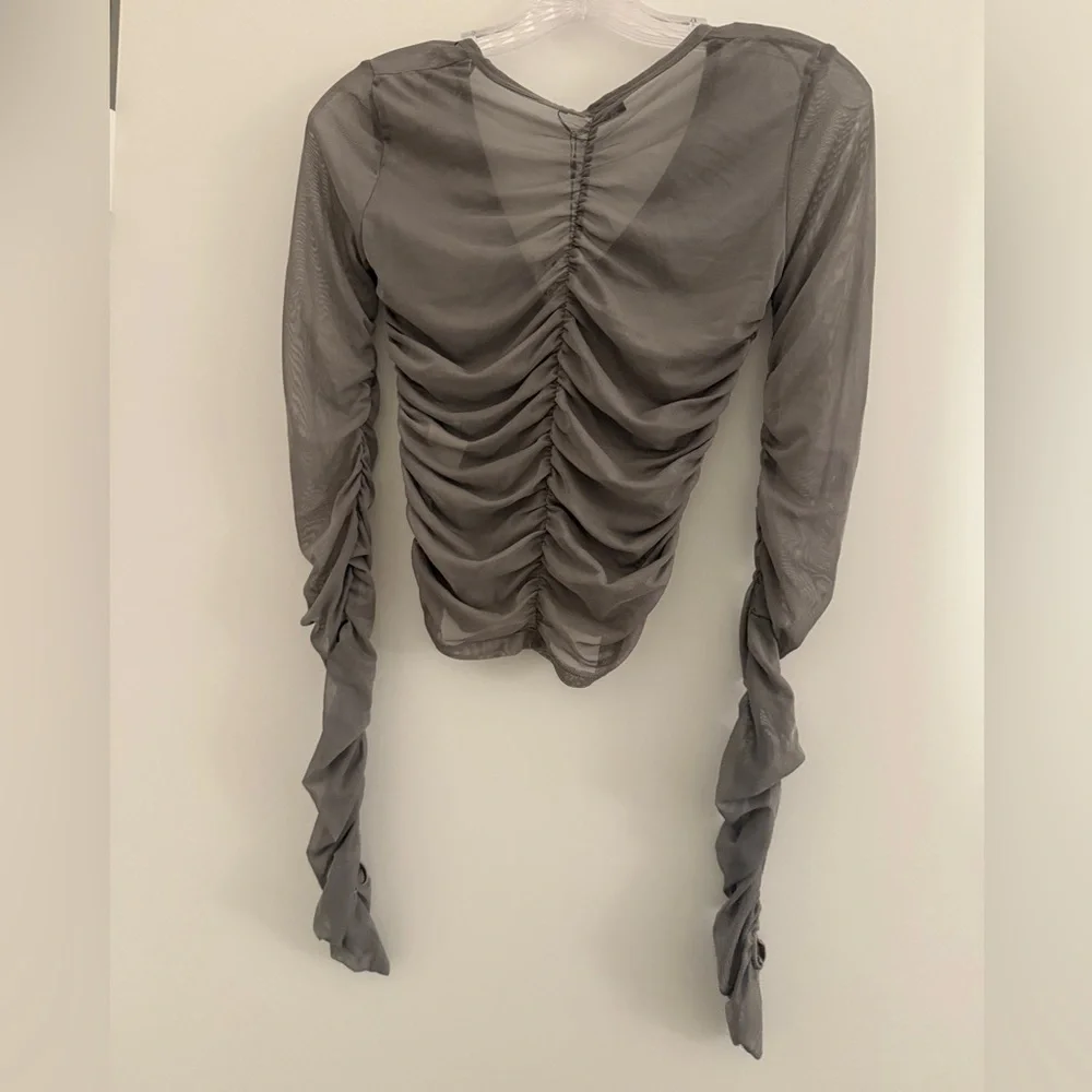 Zara Grey Mesh Ruched Long Sleeve Blouse - Picture 2 of 2